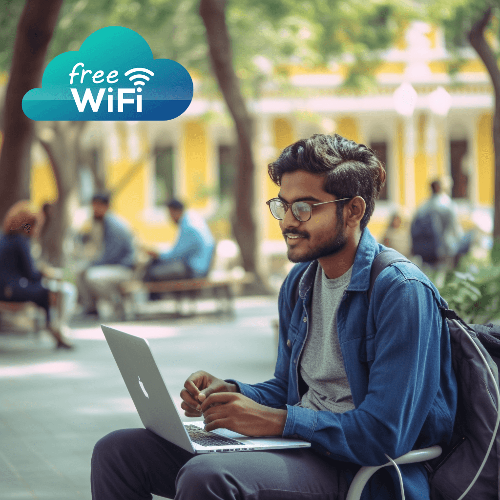 Student using laptop outdoors